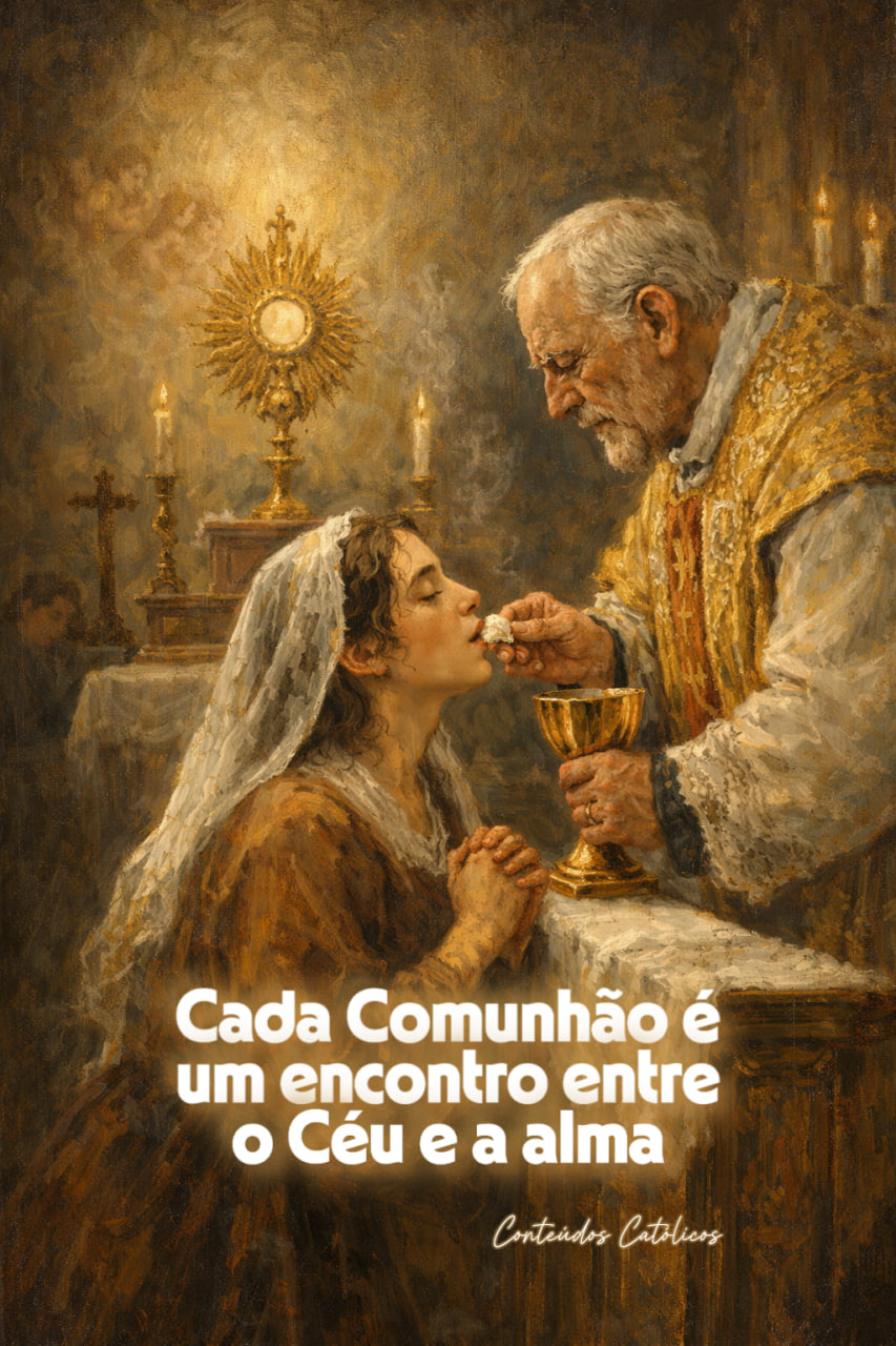 Ilustração religiosa: casal ajoelhado recebe comunhão de um sacerdote, com cálice e hóstia, velas ao fundo.