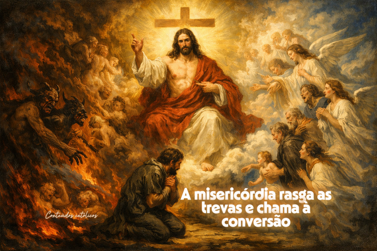 Jesus crucificado no céu, anjos e fiéis orando, fogo e fumaça ao fundo, texto em português.