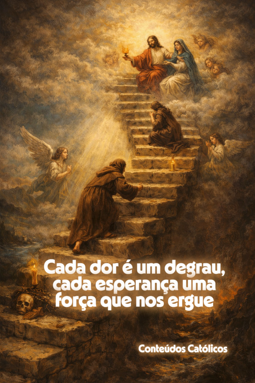 Jesus abençoa pessoas em degraus, anjos ao redor, fumaça dourada e texto religioso em português.