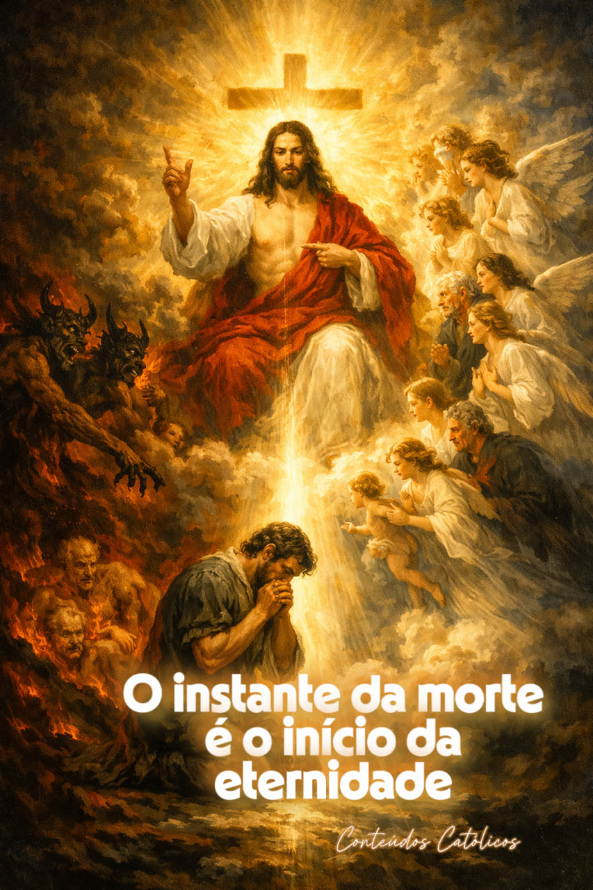 Jesus com cruz ao fundo, cercado por anjos e fiéis, fogo e nuvens, texto “O instante da morte”.