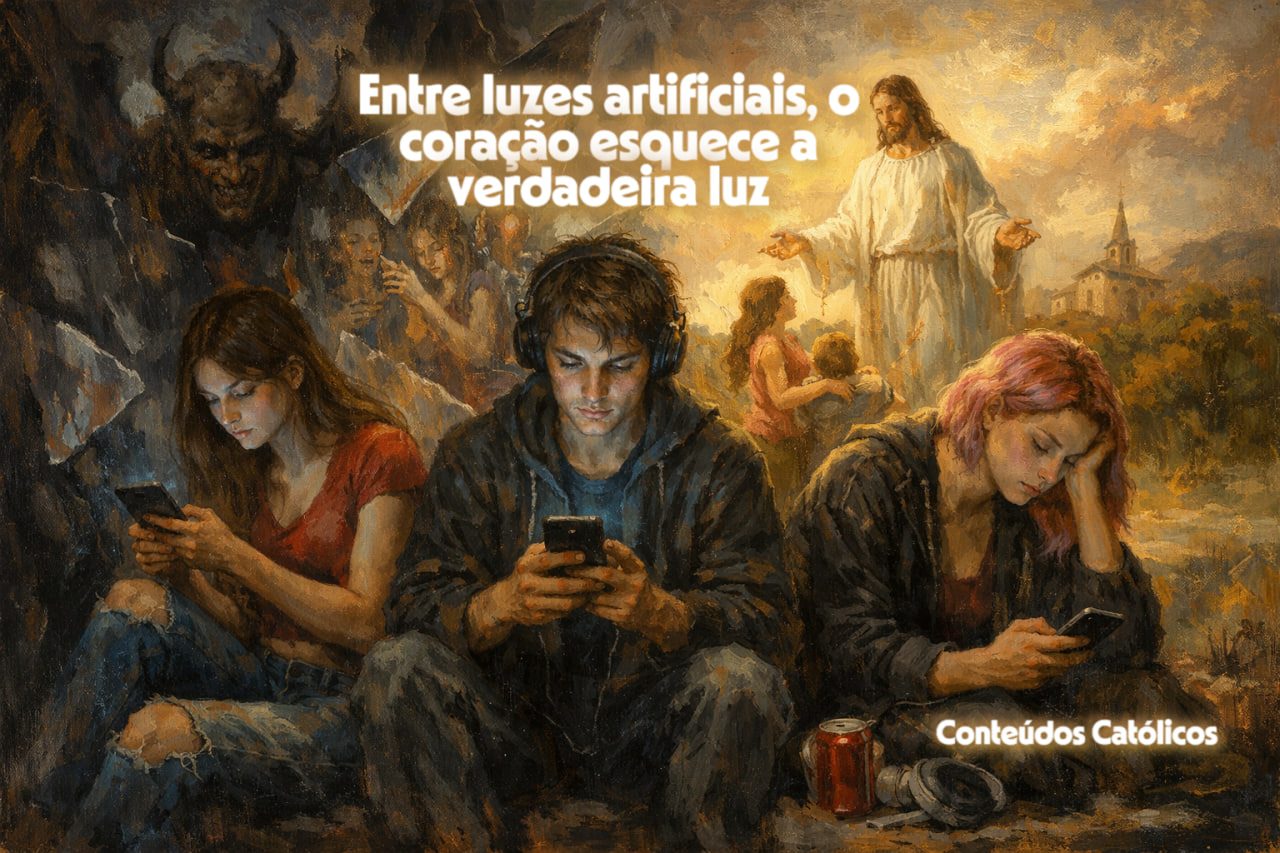 Três jovens com fones e celulares, pintura dramática; ao fundo, Jesus iluminado e texto motivacional.