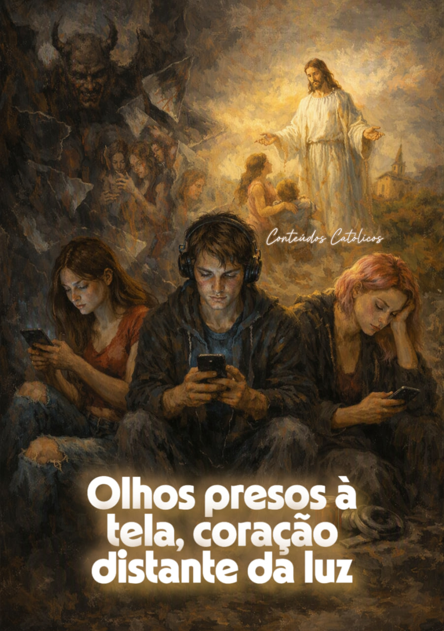 Três jovens sentados com celulares, fundo religioso com Jesus ao alto, texto “Olhos presos à”.