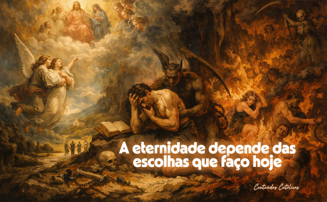 Colagem artística com anjos, demônios e fogo, cruzando céu e inferno, com texto em destaque na parte inferior.
