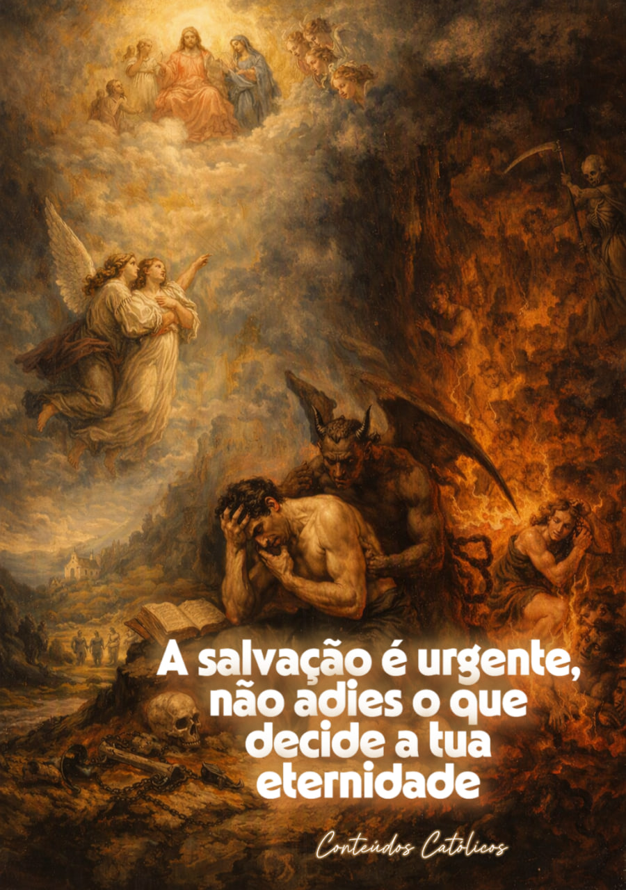 Cena religiosa barroca com anjos, demônio e fogo infernal, texto “A salvação é urgente”.