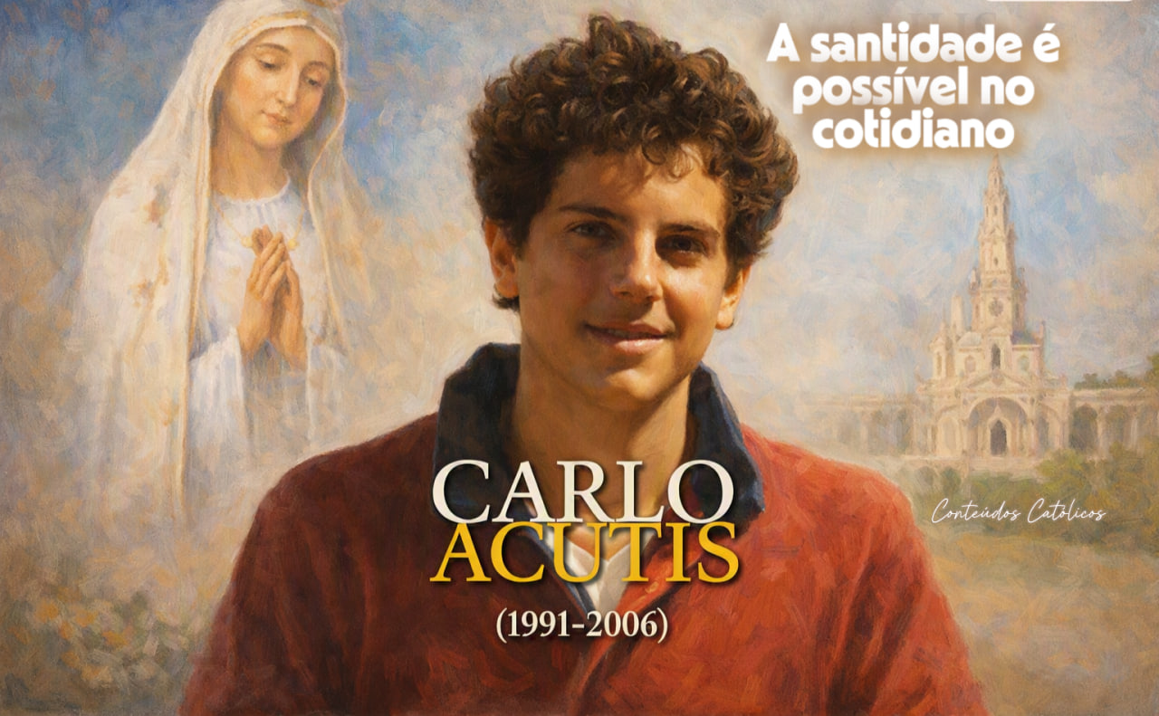 Retrato artístico de Carlo Acutis com fundo religioso, imagem de Maria ao fundo e texto “A santidade é possível”.