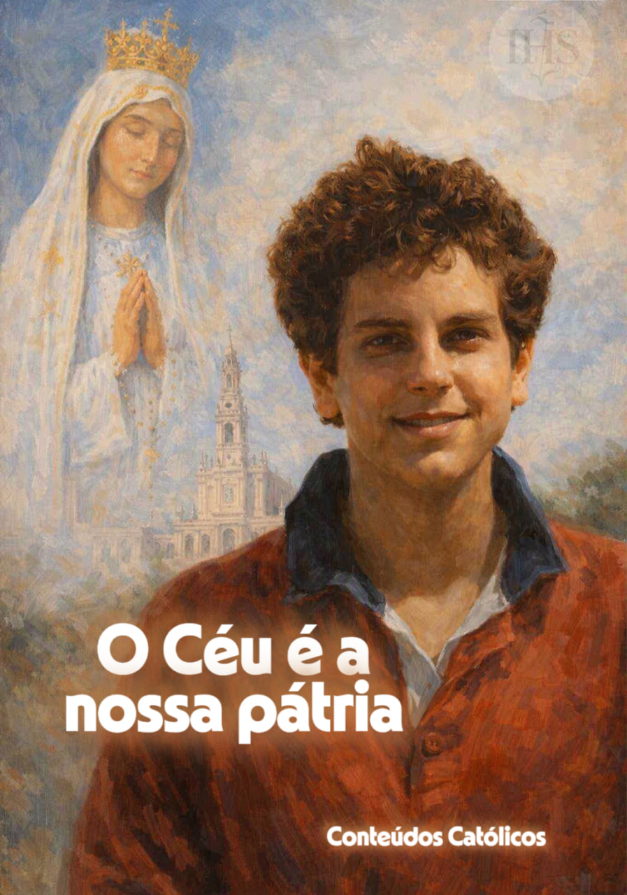 Santo Carlo Acutis retratado em estilo pintura, com Nossa Senhora ao fundo e texto “O Céu é a nossa pátria”.