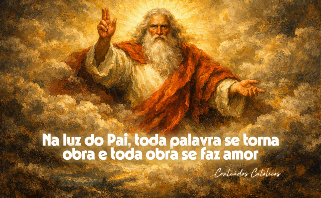 Ilustração de Deus com barba branca, braços abertos, nuvens douradas e texto bíblico em português.