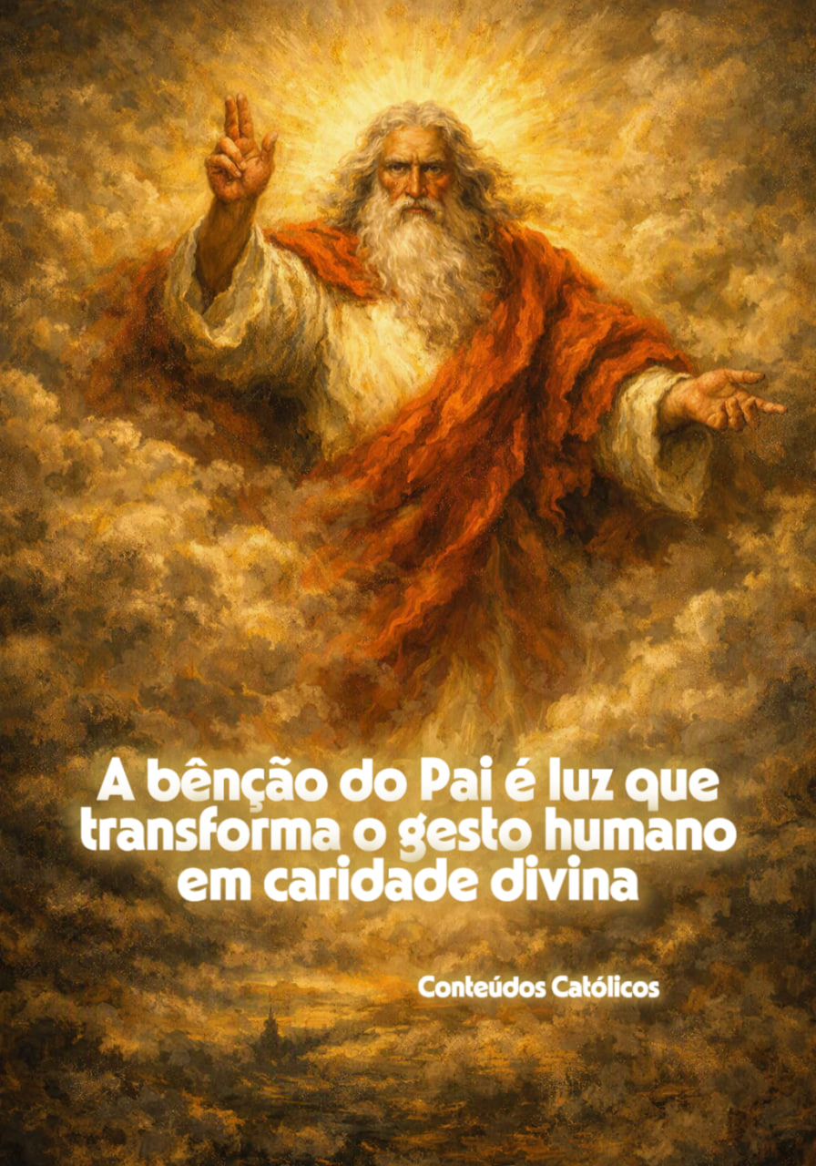 Ilustração de Deus com barba branca, braços abertos, nuvens douradas e texto bíblico em português.
