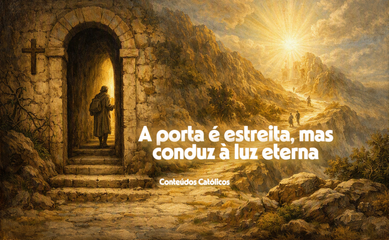 Passagem de pedra estreita com cruz, peregrino em arco iluminado, montanhas ao fundo e texto motivacional em destaque.
