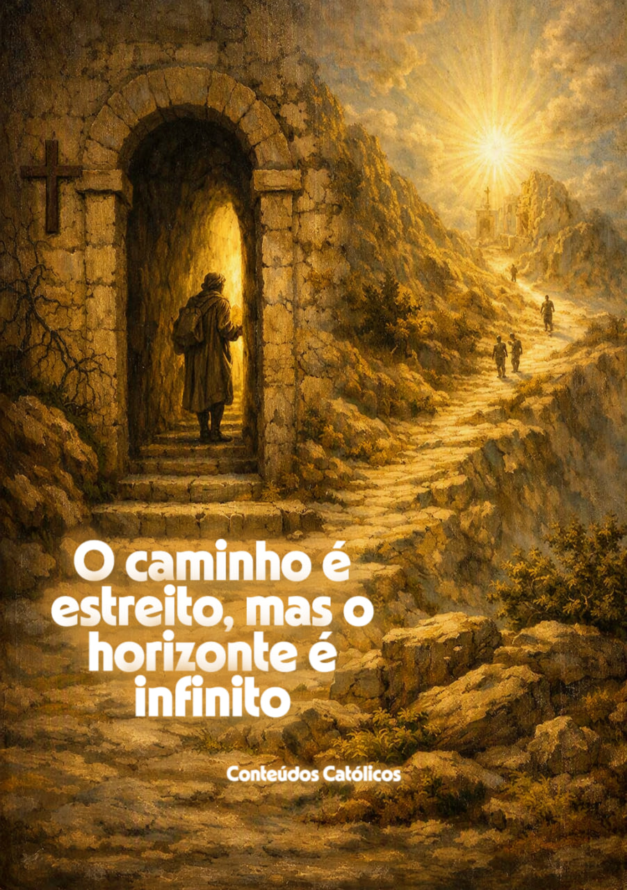 Homem em túnel de pedra com cruz, caminho iluminado ao fundo e texto católico em destaque.