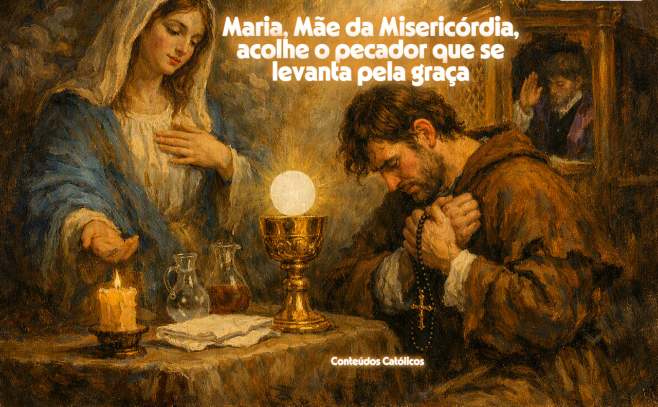 Pintura religiosa com Maria e um homem ajoelhado, velas e cálice ao centro, texto em destaque.