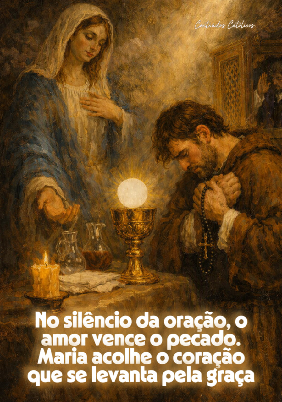 Pintura religiosa com Maria em oração, homem ajoelhado, cálice e vela acesa, texto devocional em destaque.