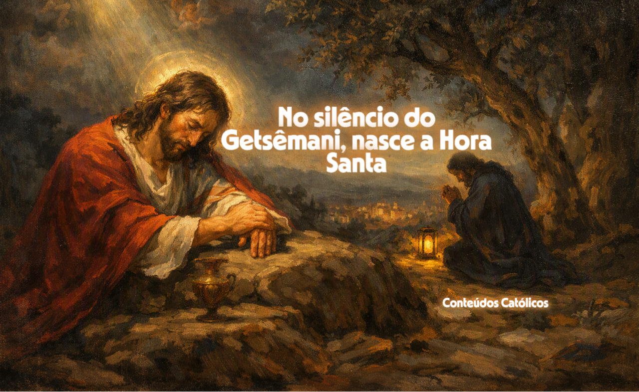 Jesus ajoelhado em Getsêmani, luz ao fundo, texto “No silêncio do Getsêmani, nasce a Hora Santa”.
