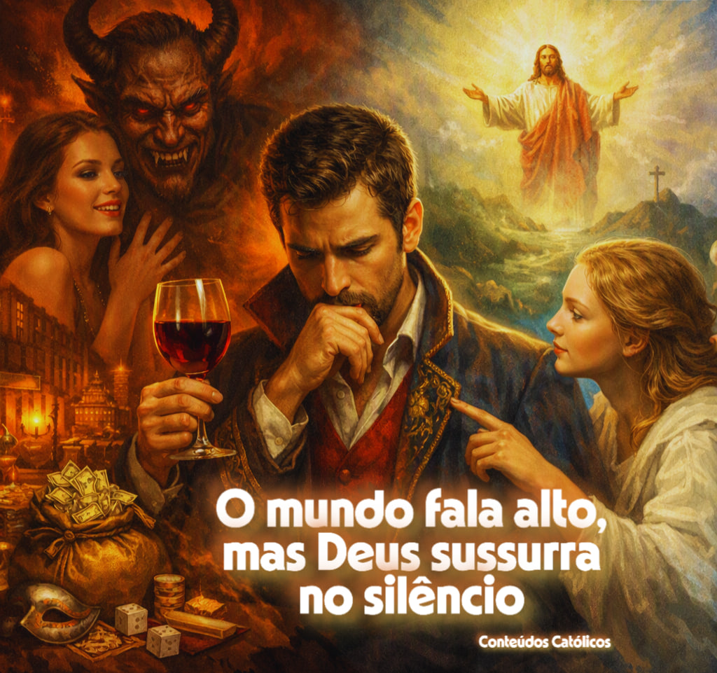 Homem com taça de vinho, mulher ao lado, demônio ao fundo e Jesus ressuscitado em cenário dramático.