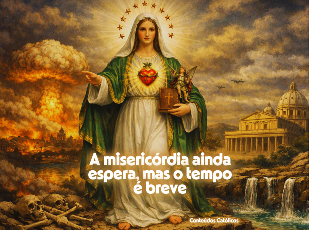 Virgem Maria em pintura celestial, segurando livro e coração, com nuvens, fogo, catedral e texto devocional.