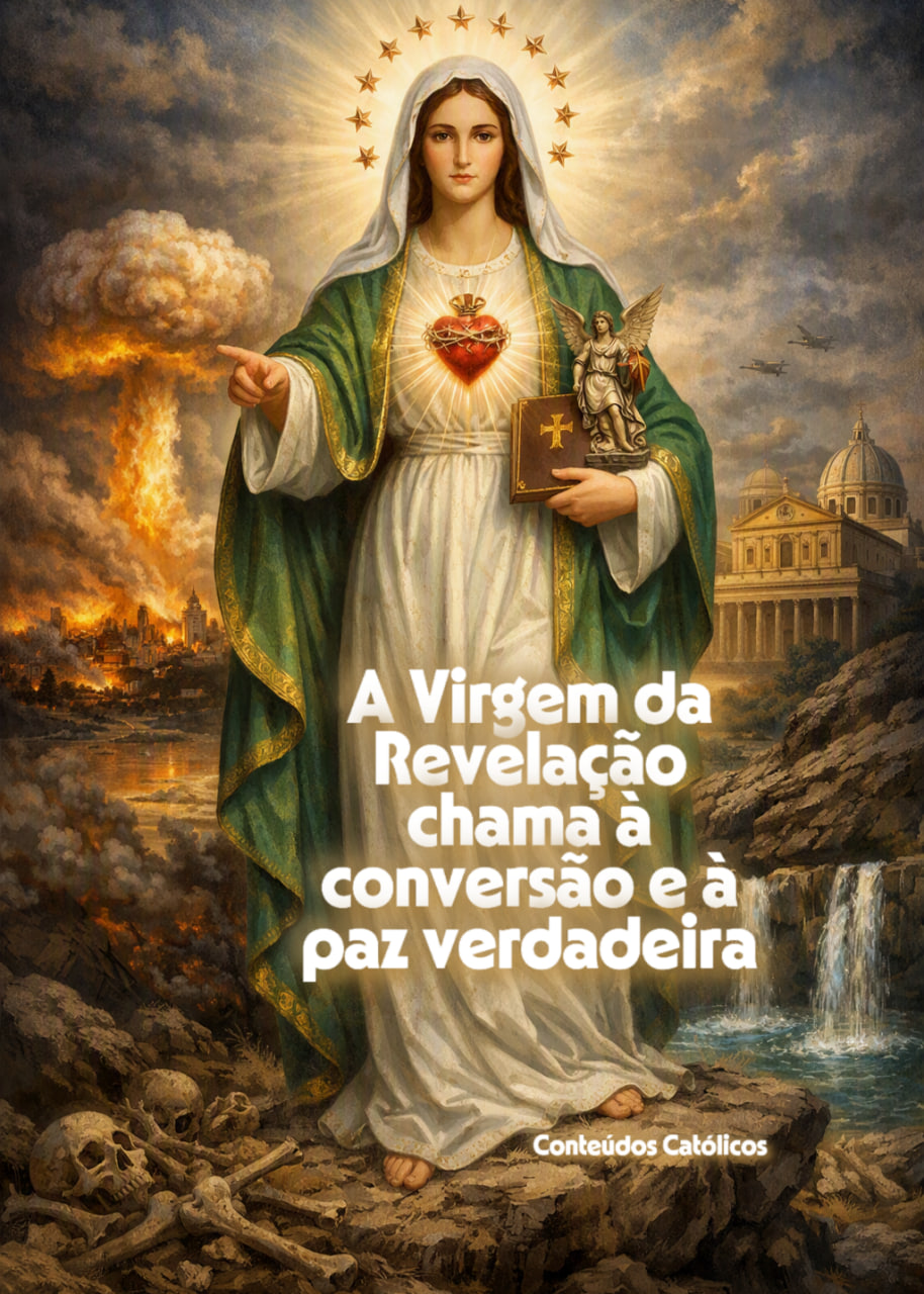Virgem Maria em pintura celestial, segurando coração e livro, nuvens, fogo ao fundo, texto “A Virgem da Revelação”.