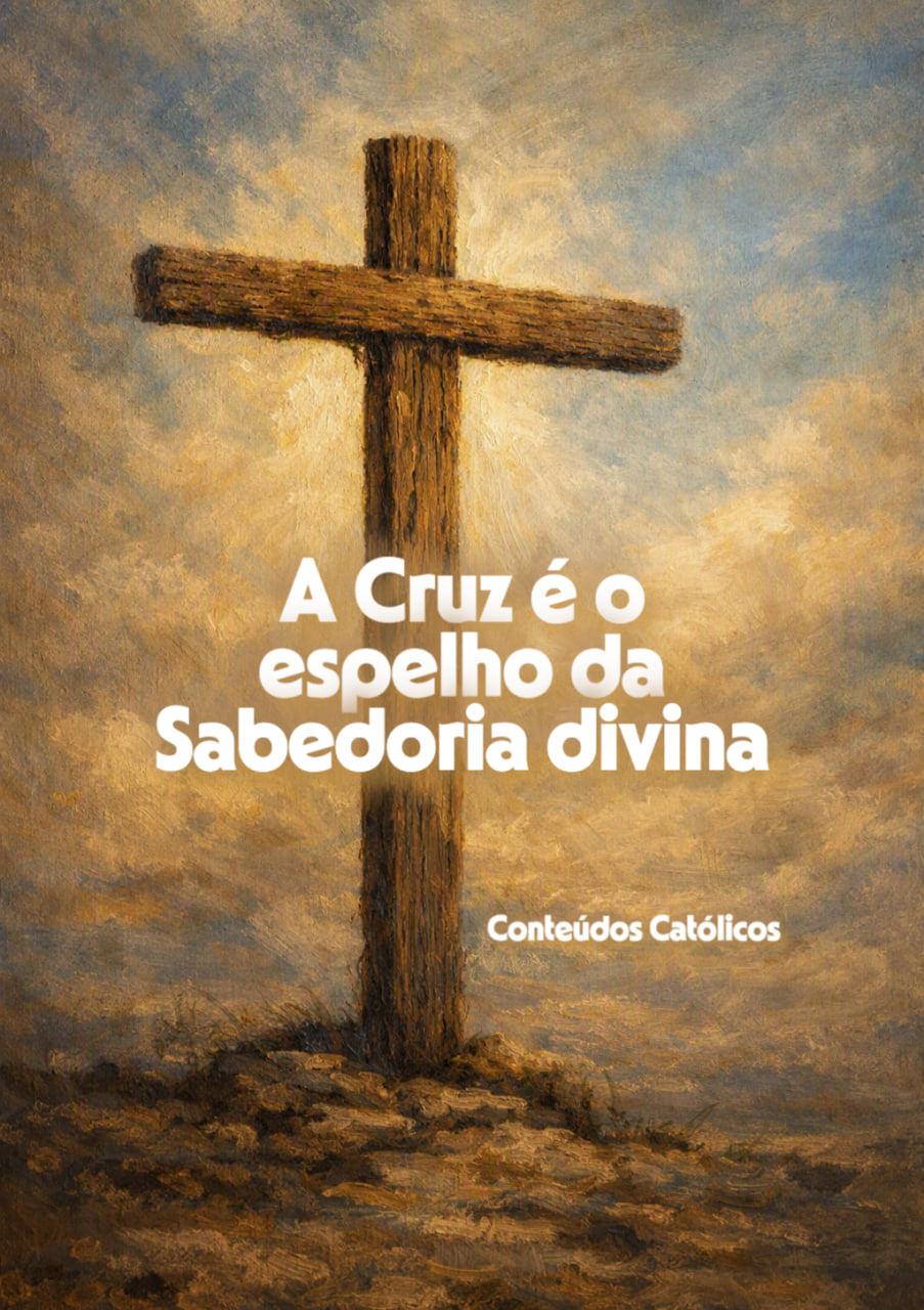 Cruz de madeira em pintura com céu nublado, texto “A Cruz é o espelho da Sabedoria divina”.