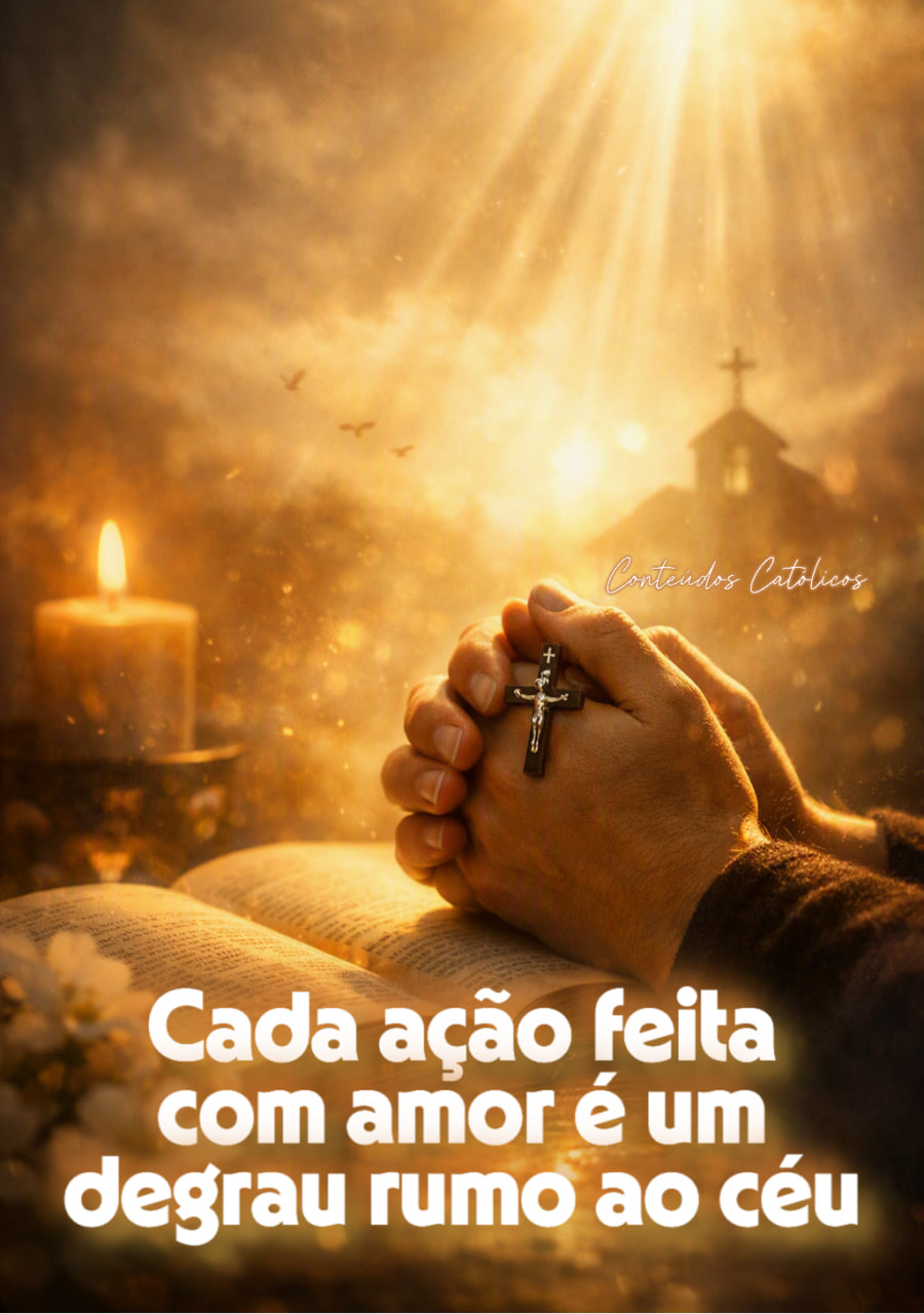Mãos segurando crucifixo sobre Bíblia aberta, vela acesa ao fundo, luz dourada e igreja desfocada.