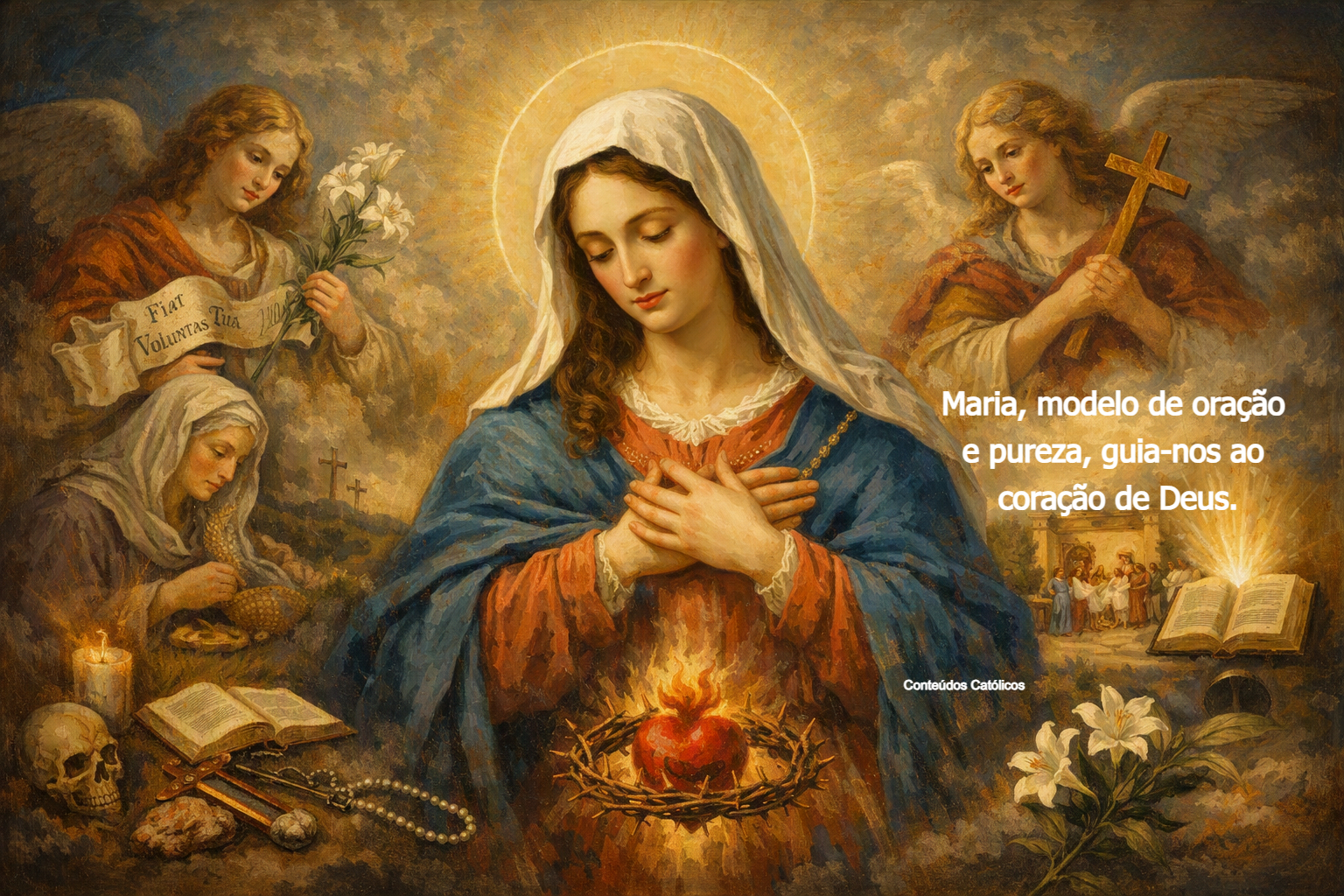 Virgem Maria em pintura clássica, mãos no peito, auréola luminosa, anjos e cruz ao fundo.