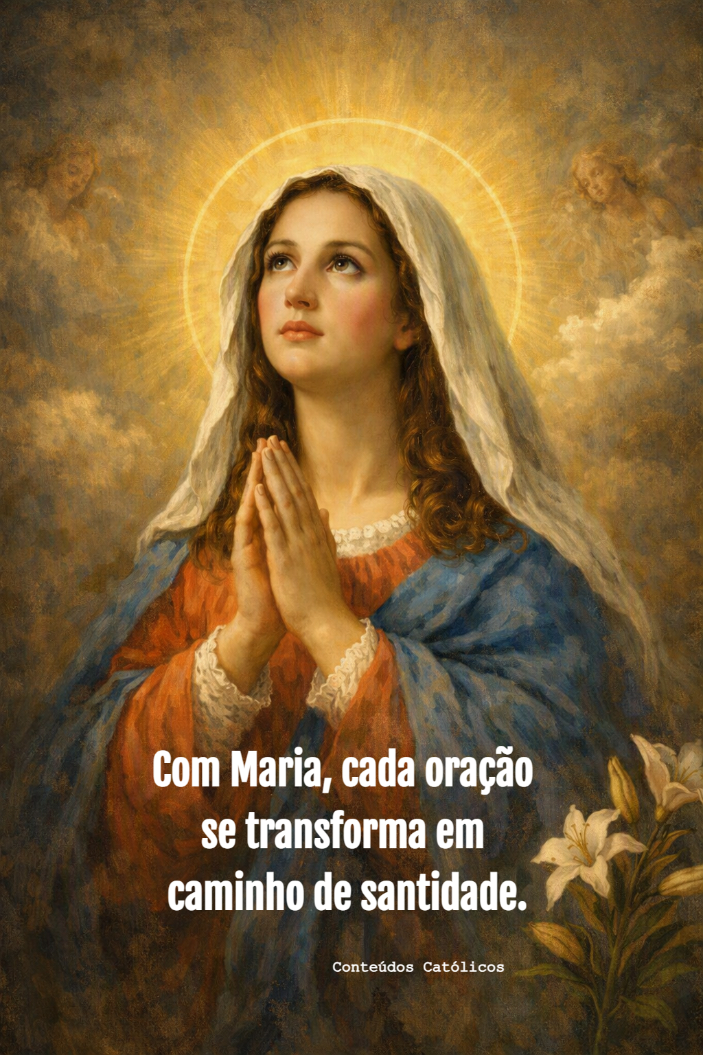 Retrato de Maria com mãos postas, auréola luminosa, céu nebuloso e flores ao fundo, texto devocional.