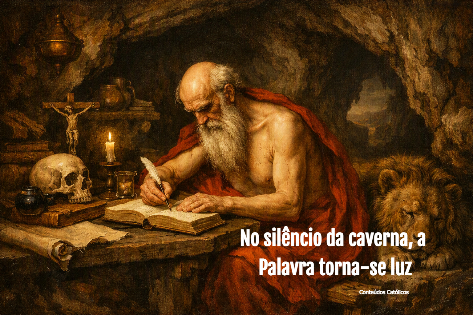 São Jerônimo escreve em livro aberto numa caverna iluminada por velas, com caveira e crucifixo ao lado.