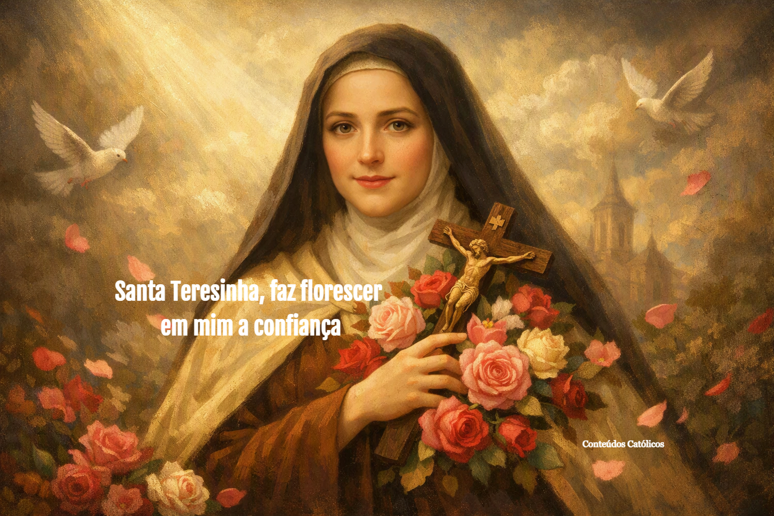 Retrato da santa Teresinha, com véu, segurando crucifixo e flores, pombas e nuvens ao fundo, estilo pintura.