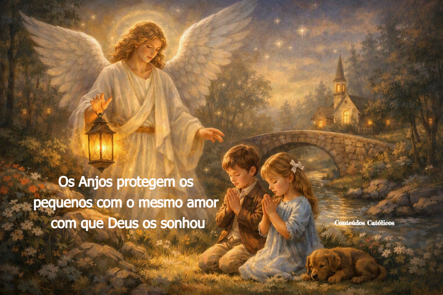 Anjo com asas e crianças em oração, lanterna iluminada, ponte e igreja ao fundo, céu estrelado.