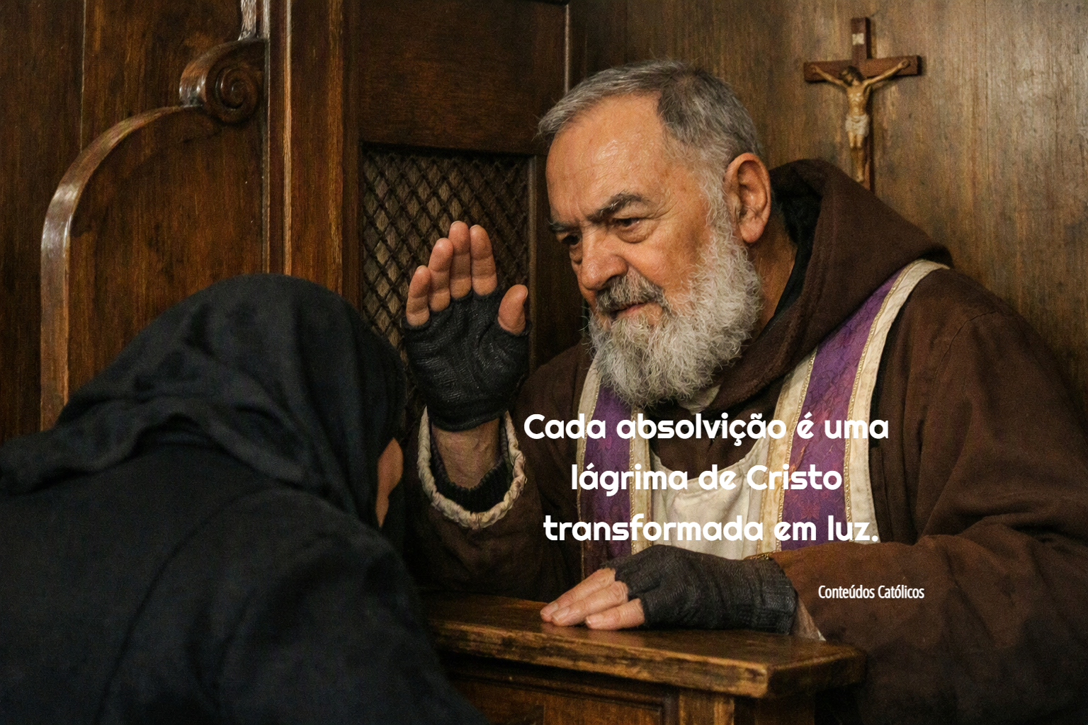 Anjo com asas e crianças em oração, lanterna iluminada, ponte e igreja ao fundo, céu estrelado.