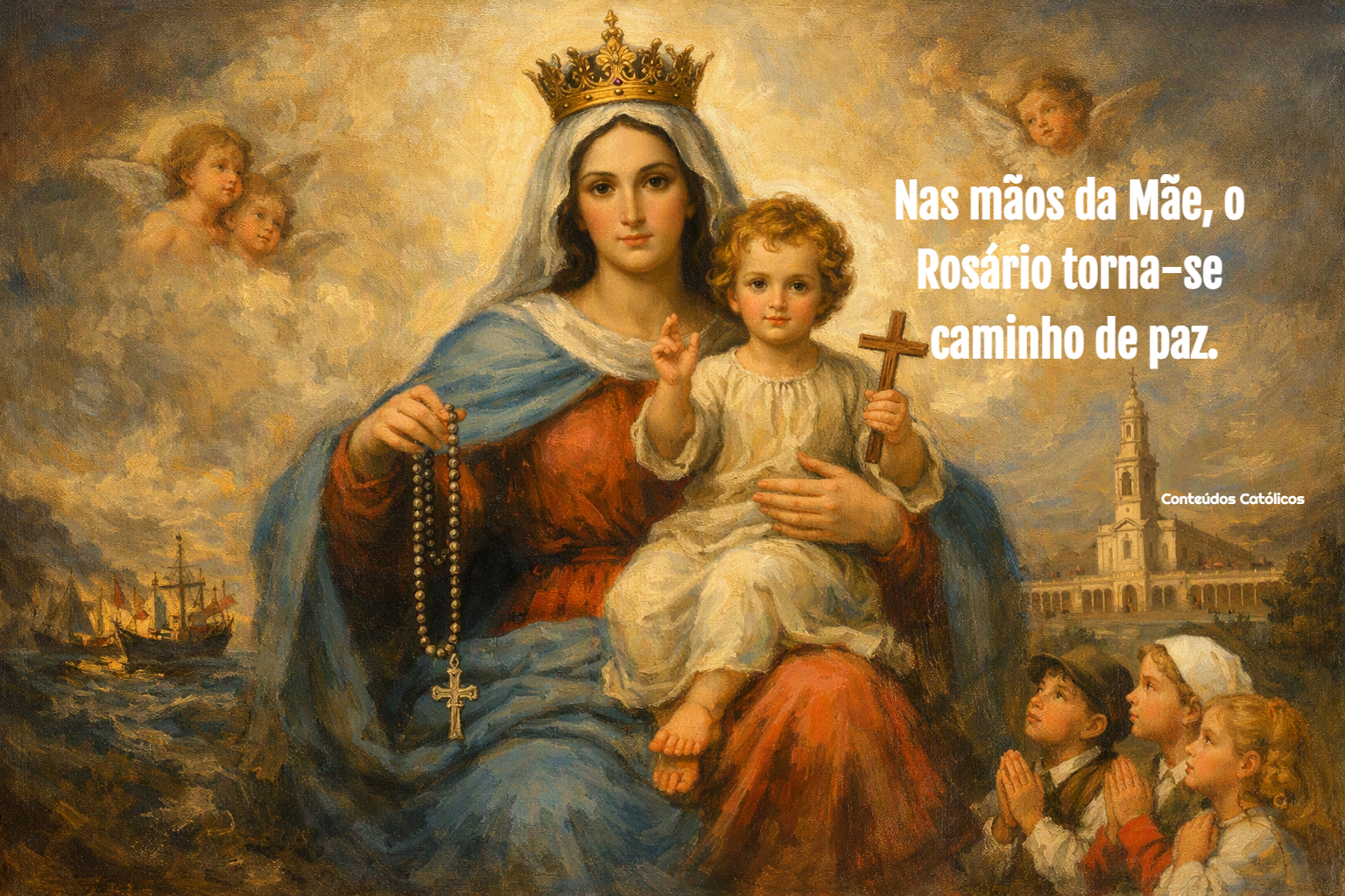 Virgem Maria coroada segura rosário e menino com cruz, céu nublado e crianças orando ao fundo.