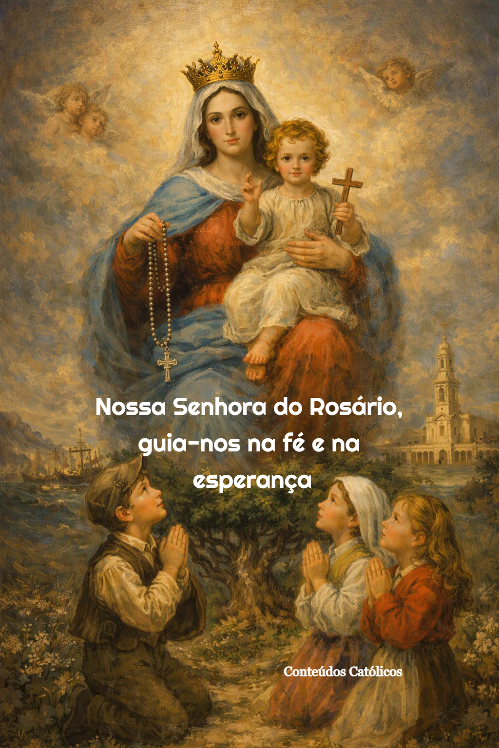 Virgem Maria coroada segura o rosário, com Menino Jesus, anjos e crianças em oração, céu dourado.